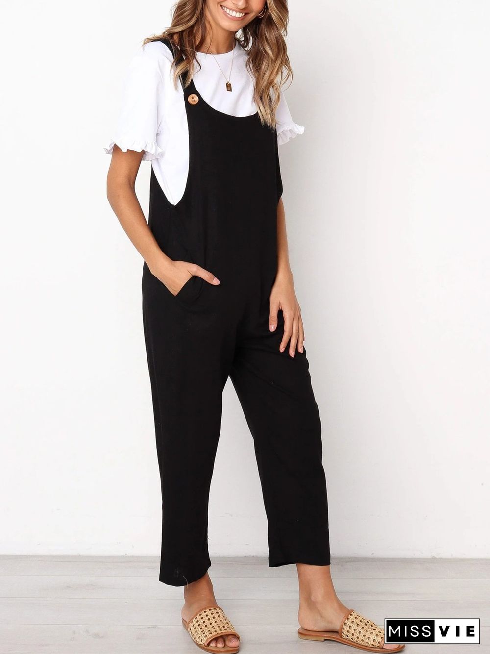 Casual Cotton-Blend Pockets Solid Jumpsuit & Romper