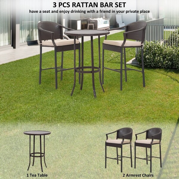 3Piece Outdoor Wicker Bar Set，Patio Bistro Set