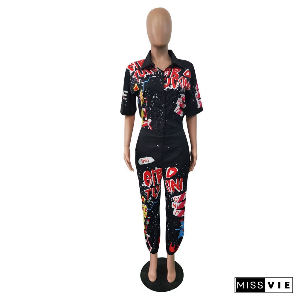 Loose Long Sleeve Animated Letter Print Lapel Jumpsuit