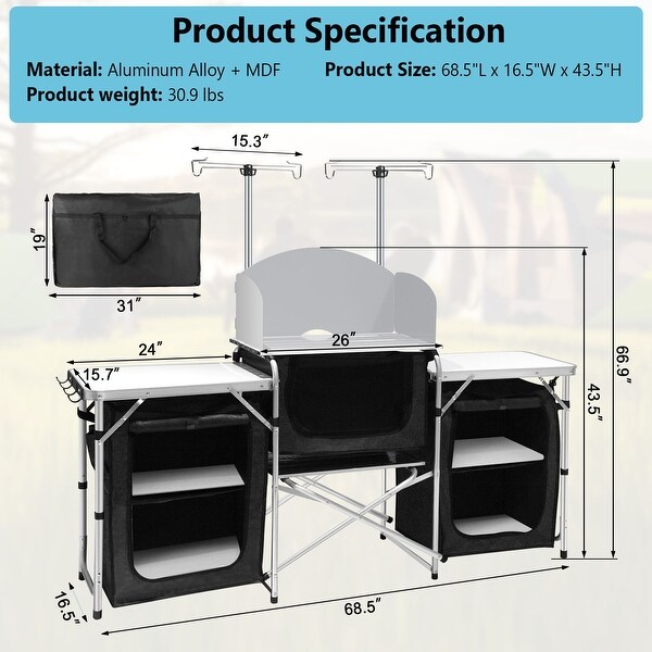 Outdoor Black Camping Kitchen with 3 Zippered Bags Camping Cook Table