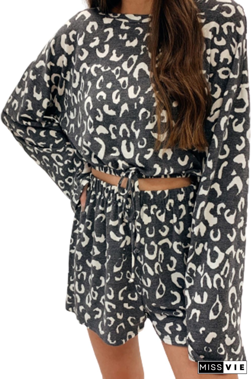 Gray Animal Print Long Sleeves Pullover and Shorts Lounge Set