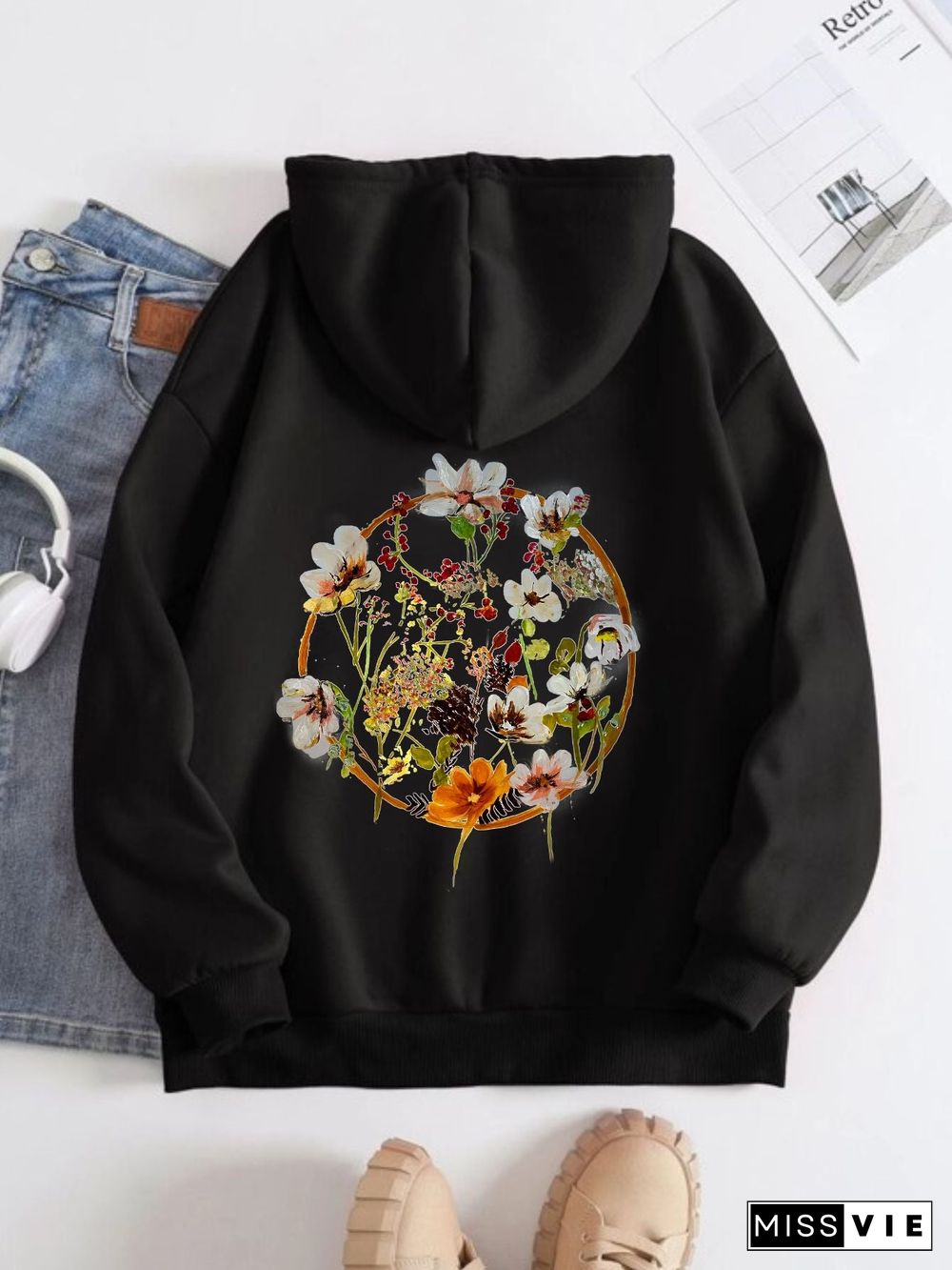 Printed on the Back Kangaroo Pocket Hoodie Long Sleeve for Women Pattern Painting Flowers