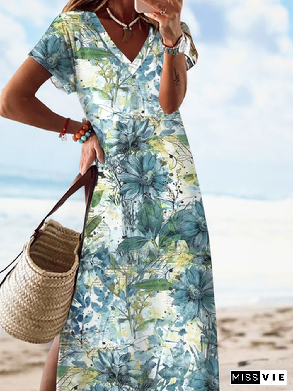 V Neck Floral Printed Jersey Dresses