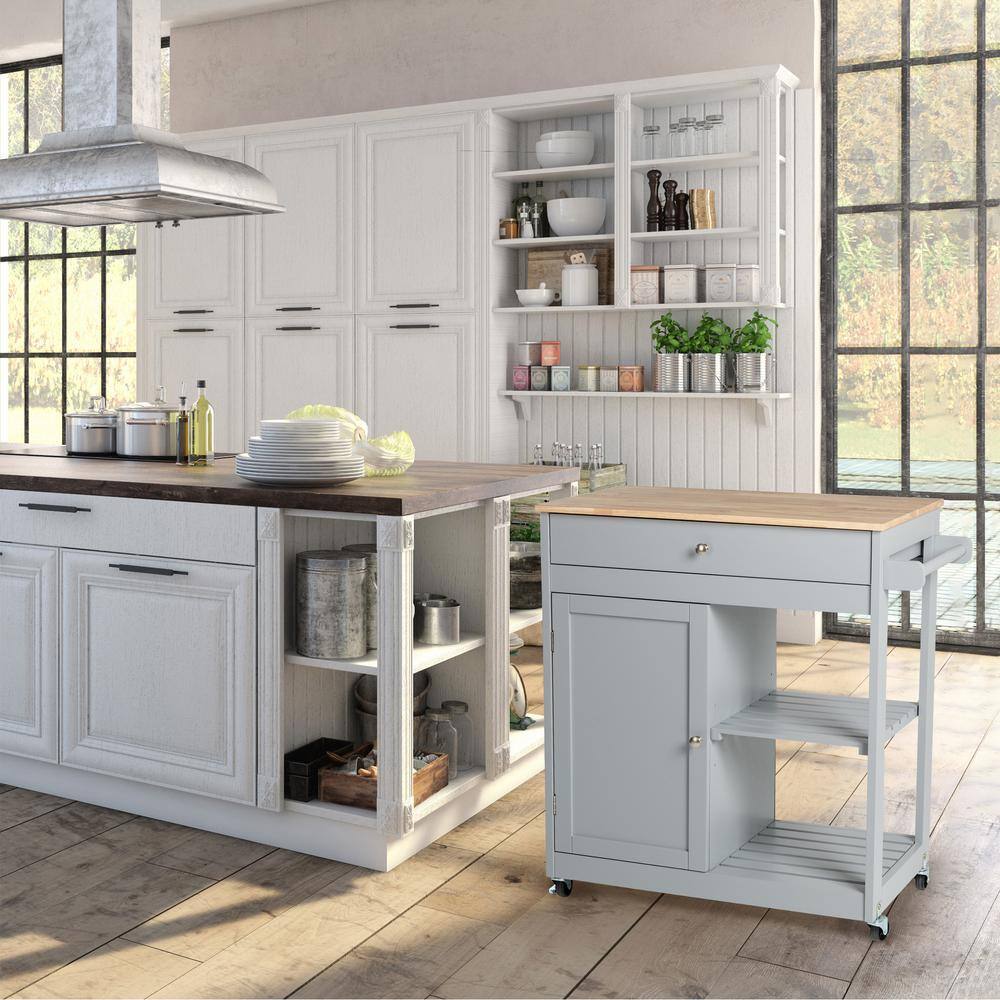 Glitzhome 34.25 in.H Gray Wooden Basic Kitchen Island with 1 Drawer+1 Door+2 Tier 2000800010