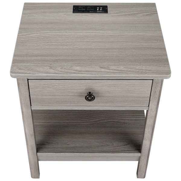 Traditional Rectangular End Table with AC Power and USB Charging Ports， Grey