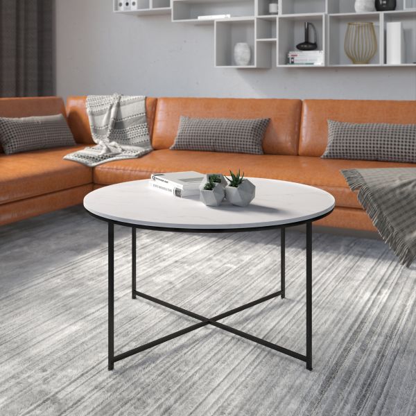 Hampstead Collection Coffee Table - Modern White Marble Finish Accent Table with Crisscross Matte Black Frame