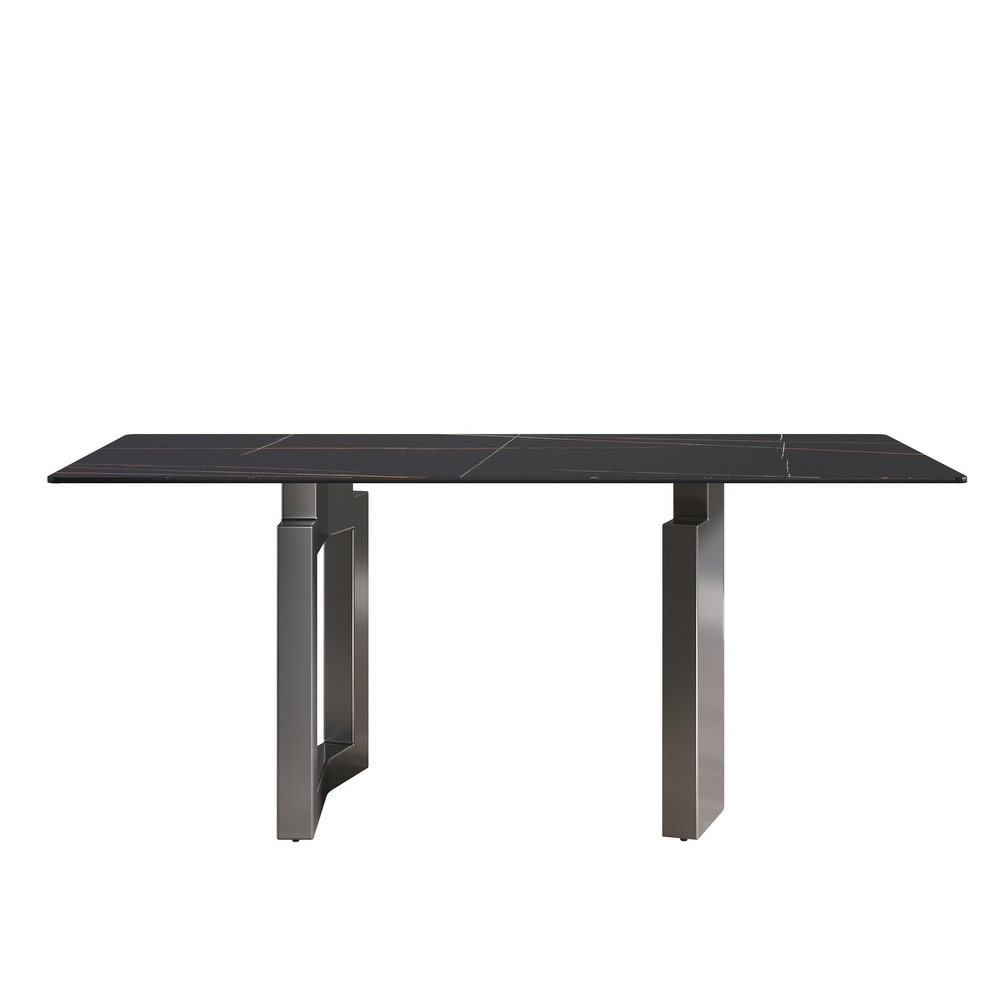 Artificial Stone Black Straight Edge Black Metal Leg Dining Table