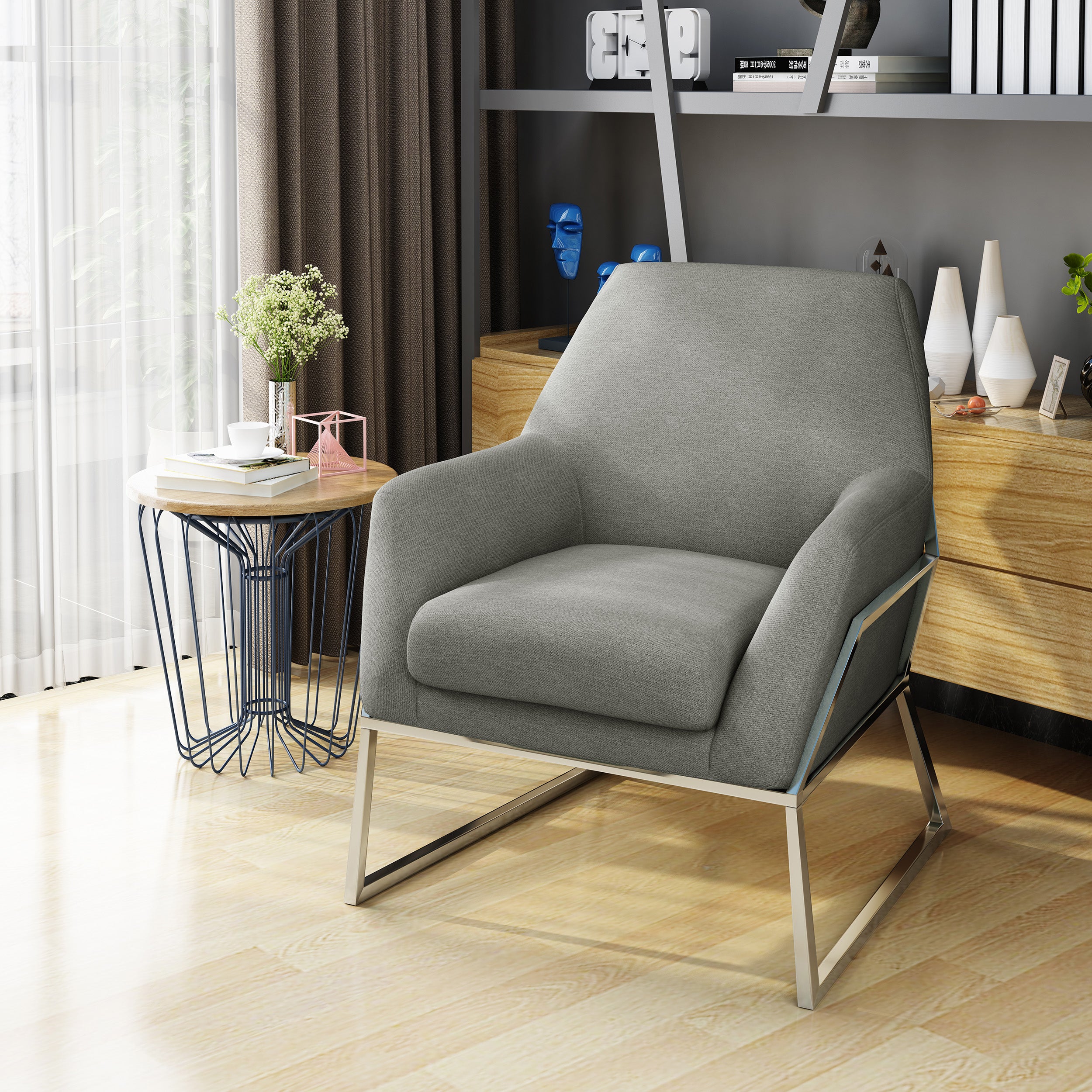 Zach Modern Stainless Steel Frame Fabric Accent Chair