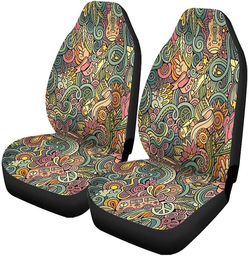 Set Of 2 Car Seat Covers Hippy Cartoon Doodles Subject Of Hippie Colorful Detailed Lots Universal Auto Front Seats Protector Fits D---41992