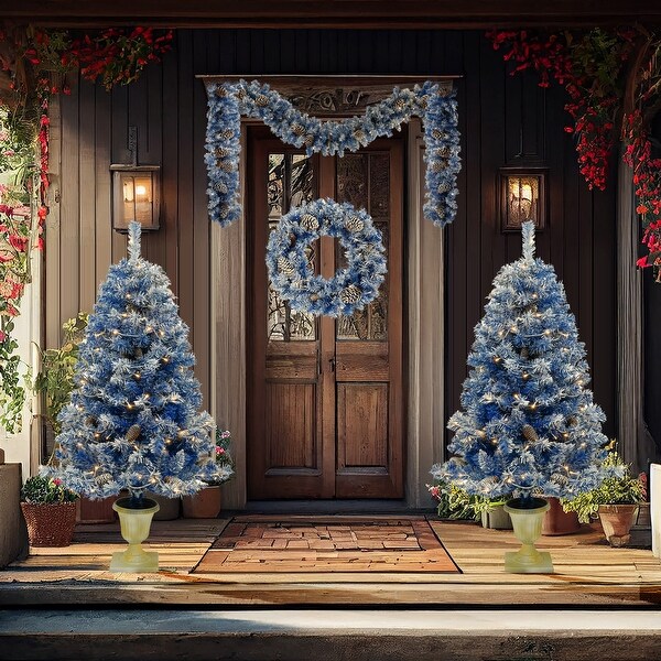 Artsy Prelit Xmas Tree Artificial Christmas 4Piece Set，Garland，Wreath and Set of 2 Entrance Trees Xmas with LED Lights