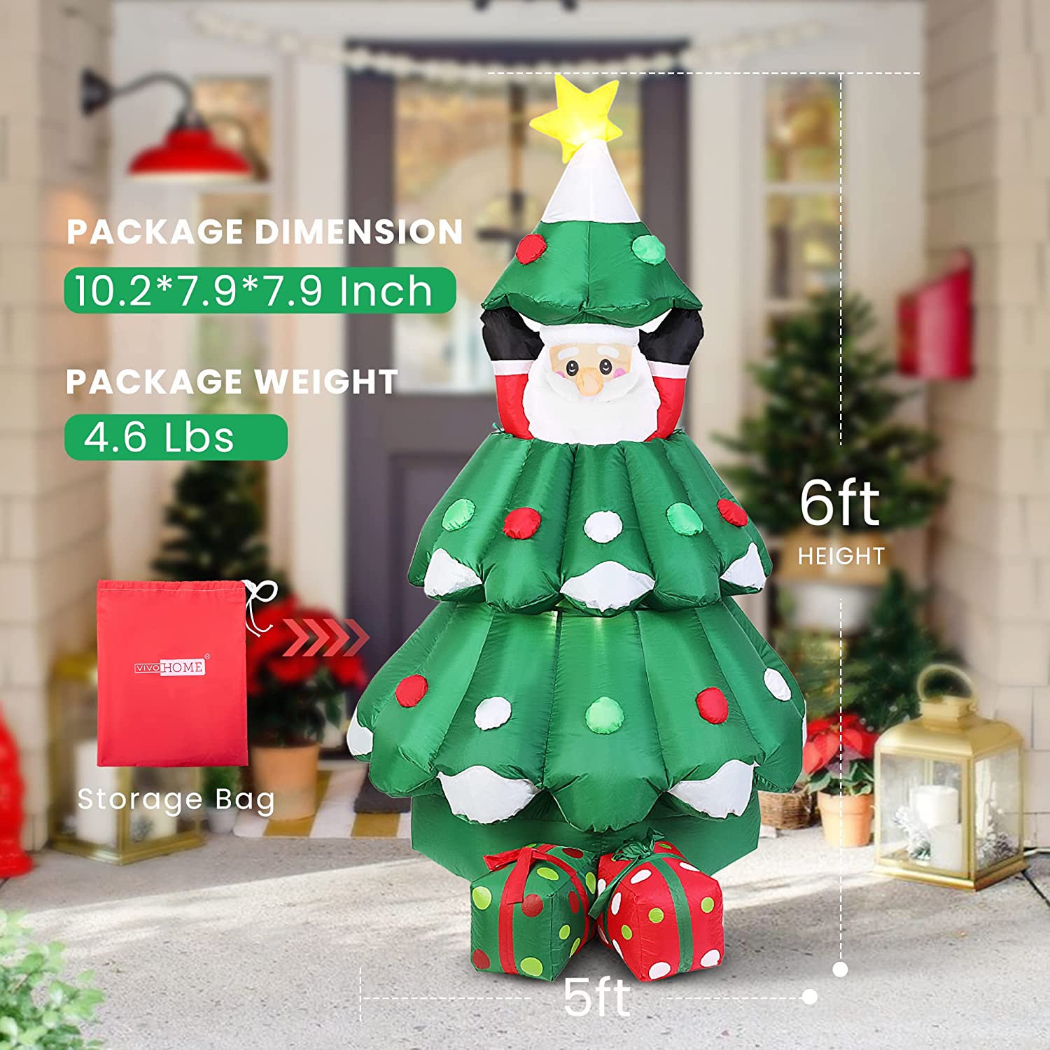 VIVOHOME 6ft Height Inflatable LED Lighted Christmas Tree with Pop up Santa and 2 Gift Boxes Blow up Outdoor Yard Decoration