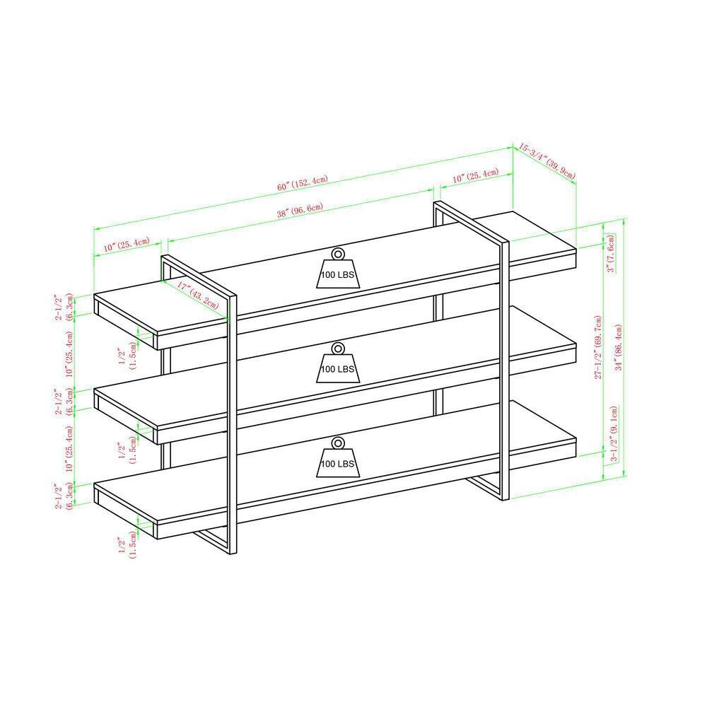 Welwick Designs 60 in. Grey WashBlack Wood and Metal Modern 3-Shelf Low Open Bookcase (34 in. H) HD9495