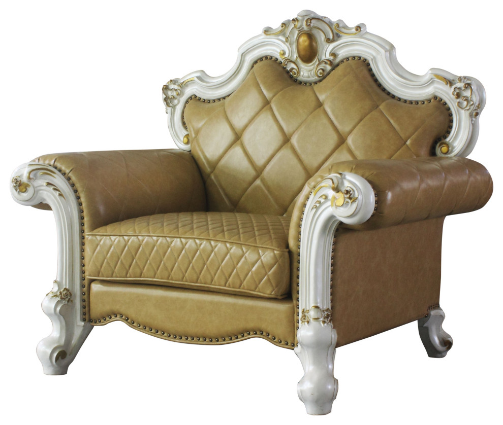 Picardy Chair With Pillow  Antique Pearl and Butterscotch PU   Victorian   Armchairs And Accent Chairs   by VirVentures  Houzz