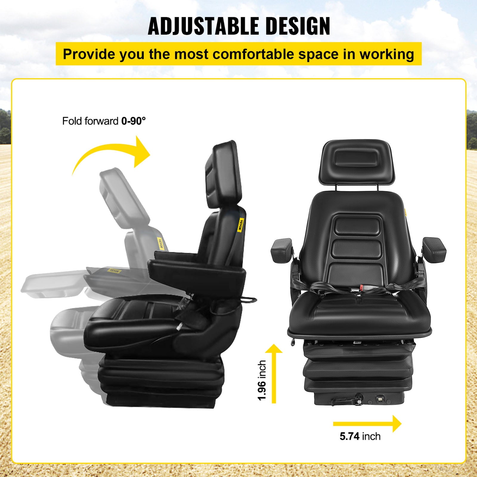 VEVOR Adjustable Suspension Backrest Headrest Foldable Forklift Seat with Slide Rails Replacement Truck Seat Heavy Duty for Tractor Forklift Excavator Skid Steer