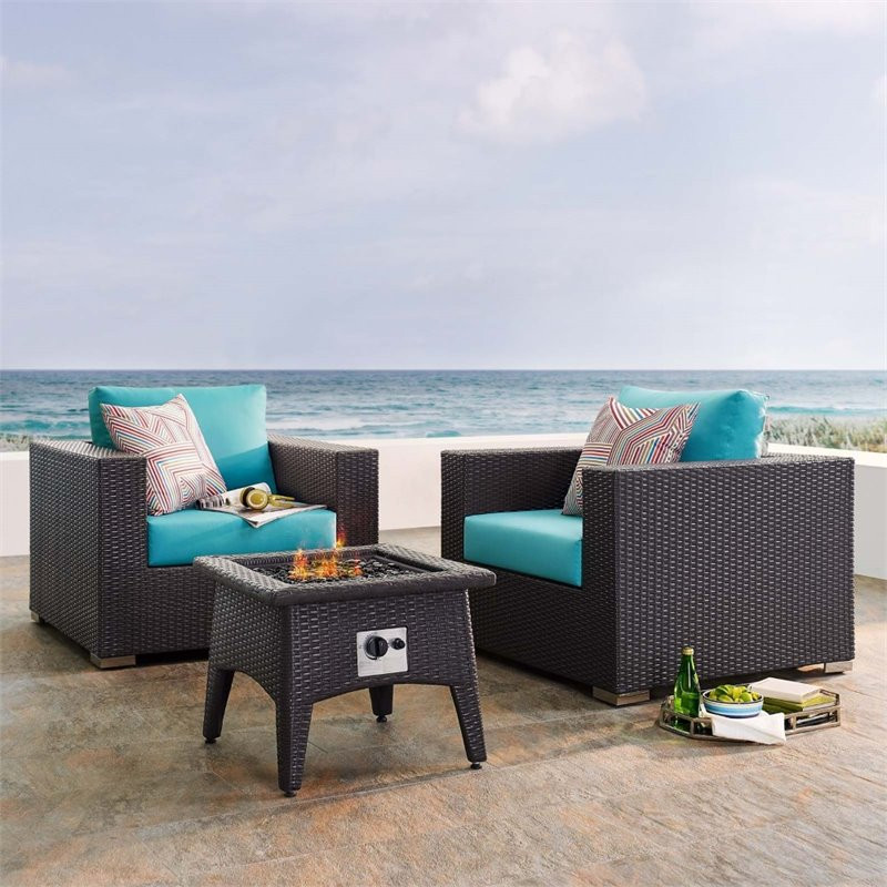 Modway Convene 3 Piece Outdoor Wicker Rattan Set w/ Fire Pit in Espresso/Beige   Tropical   Outdoor Lounge Sets   by Homesquare  Houzz