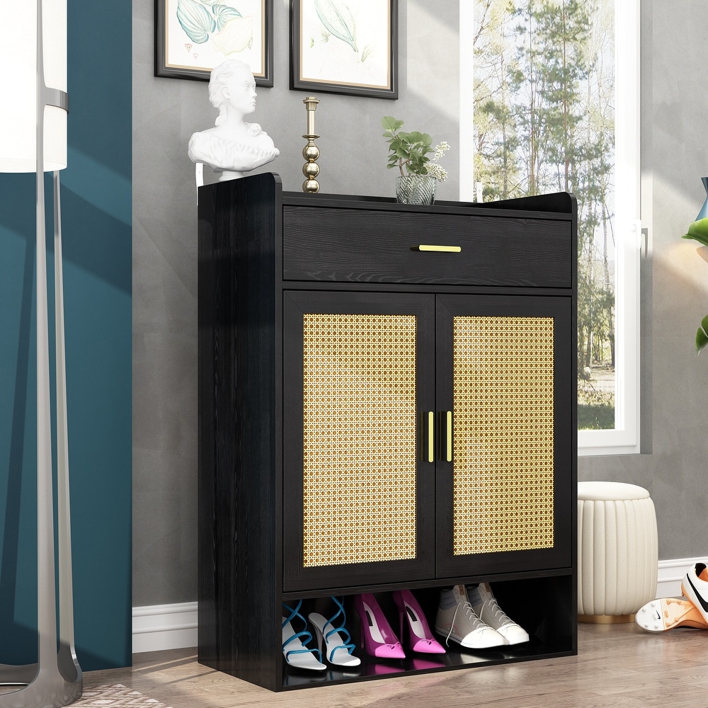 Rattan Door Shoe Cabinet Space Efficient Organizer with Wood Accents