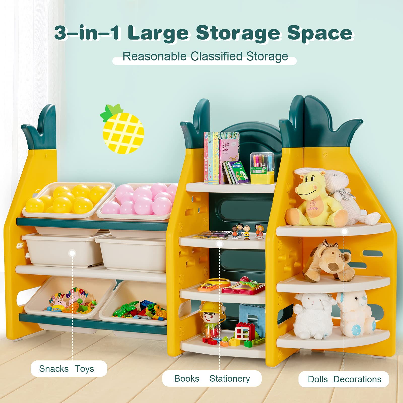 Costzon Kids Toy Storage Organizer, 3-Tier Bookshelf Corner Rack w/ 6 Bins & 7 Shelves Free Combination