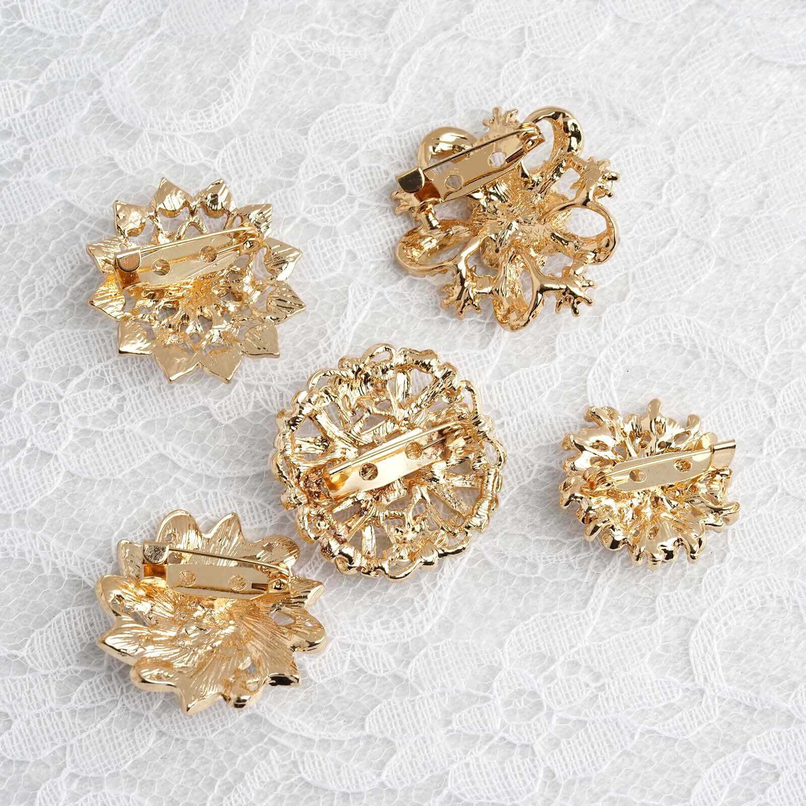 5 Pack Assorted Gold Plated Mandala Crystal Rhinestone Brooches Floral Sash Pin Brooch Bouquet Decor