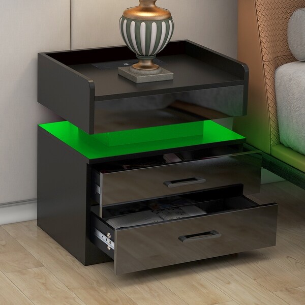 Nightstand with 2 Drawers，USB Charging Ports and Remote Control LED Light-Black - - 37505562