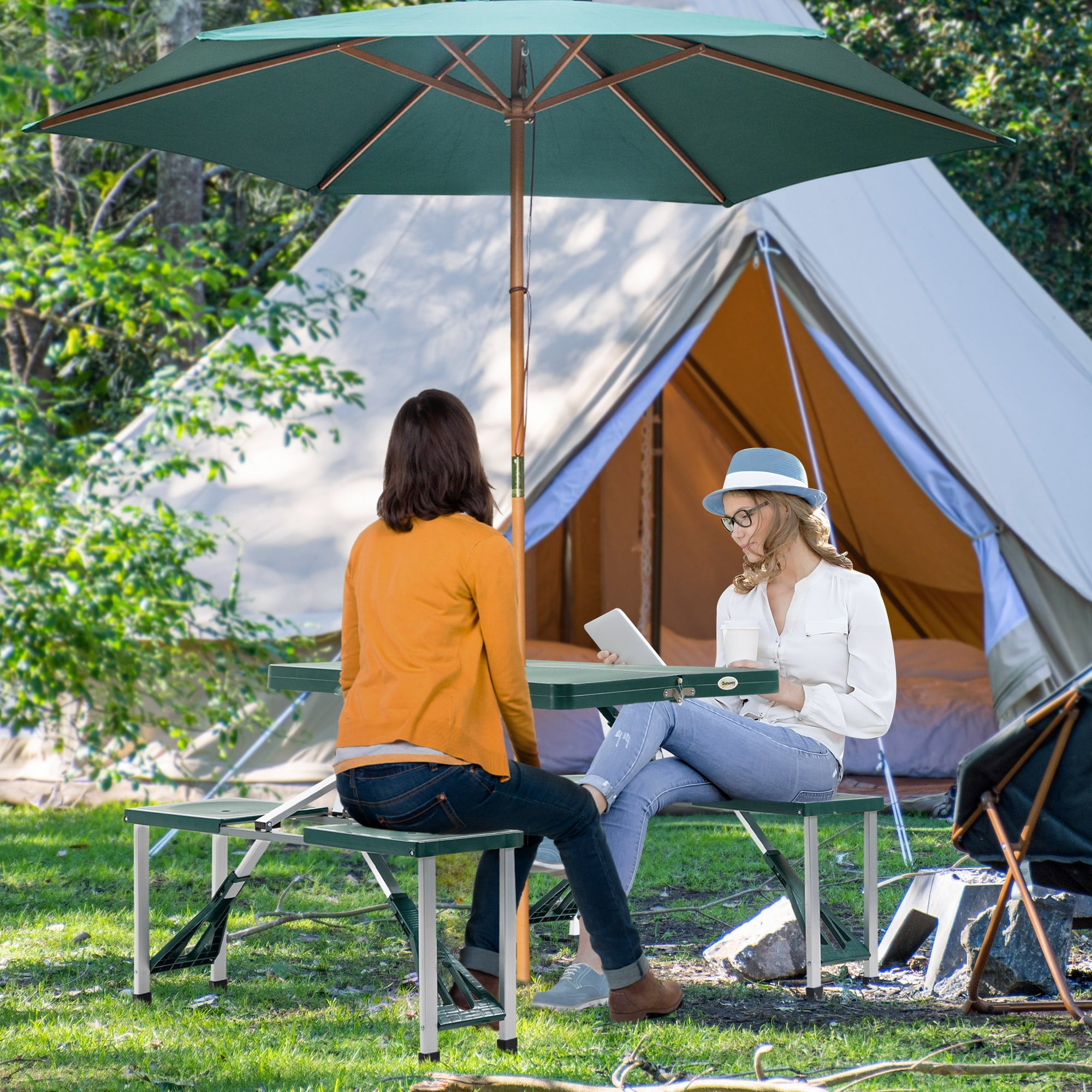 Outsunny 4 Person Plastic Portable Compact Folding Suitcase Picnic Table Set with Umbrella Hole - Green