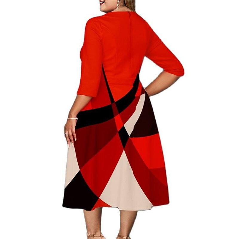 Women's Plus Size Work Dress Color Block Round Neck Dress