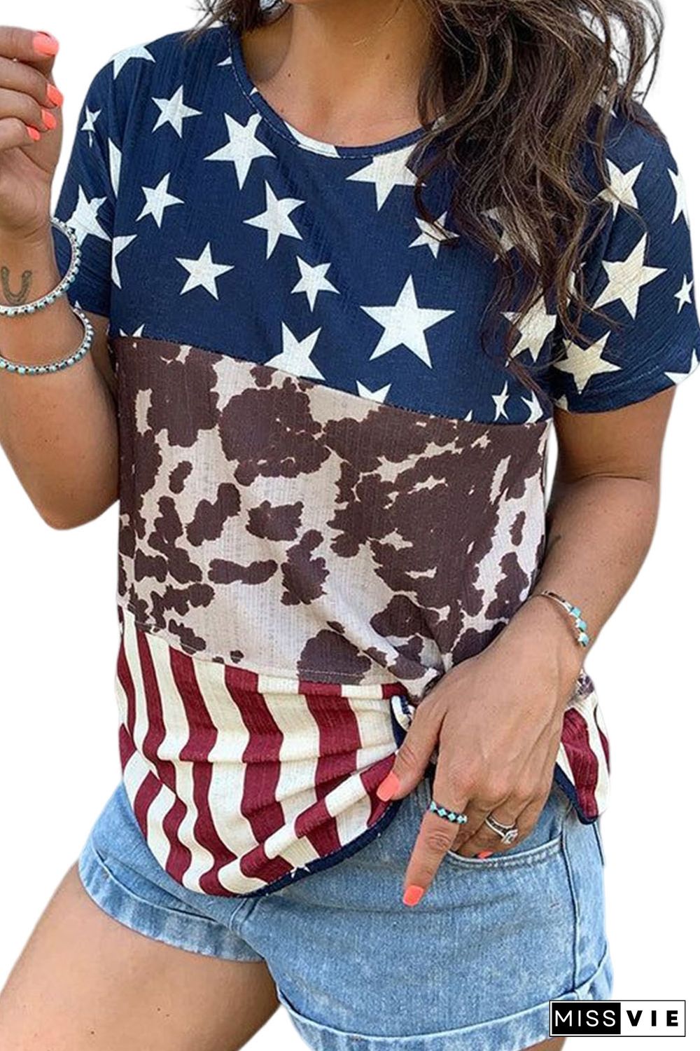 Blue Western Flag Print Patchwork T-shirt