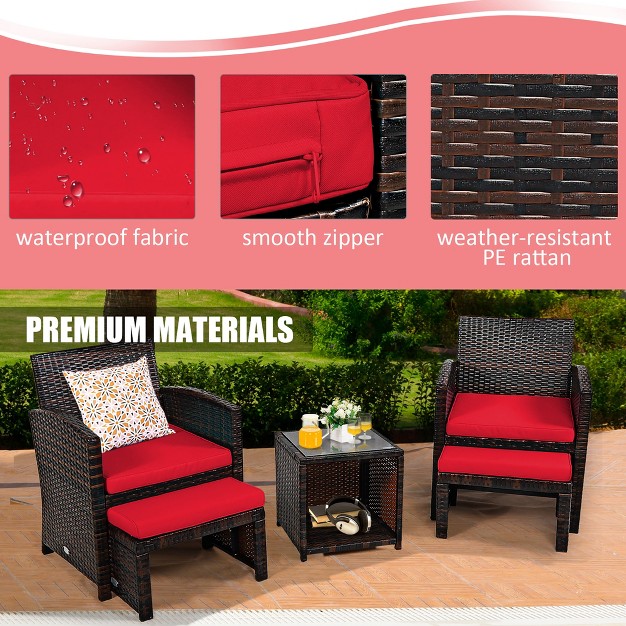 Costway 5pcs Patio Rattan Wicker Furniture Set Sofa Ottoman W Cushions Red