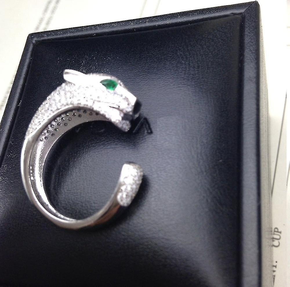 Men 925 Sterling Silver Leopard Animal Finger Ring Paved Cubic Zircon Panther Green Eyes Open Ring Women Party Fine Wedding