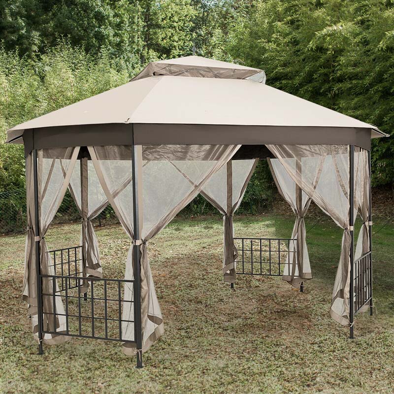 10 x 12 FT Heavy-Duty Octagonal Gazebo with Netting, Outdoor Patio Canopy Gazebo Tent for Event Party BBQ