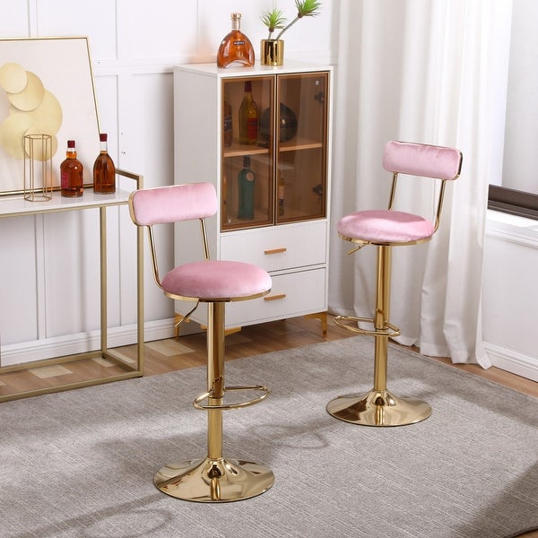 Velvet Bar Stools With Gold Metal Legs，Counter Height Dining Chairs with Back and Footrest，Set of 2