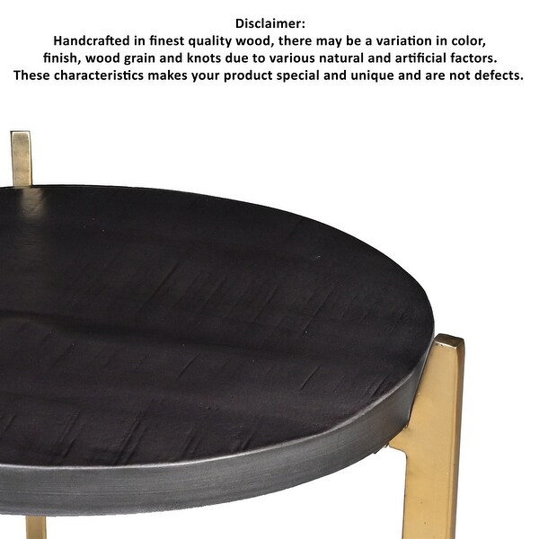 Tali 16 Inch Handcrafted Round Side End Table， 2 Tier， Charcoal Gray Acacia Wood， Sleek Gold Metal Legs