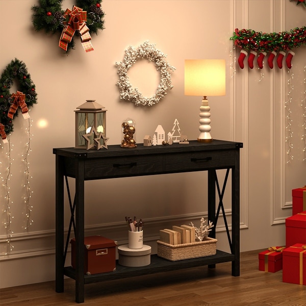 Console Table with 2 Drawers， Farmhouse Sofa Table with Storage Shelf， Accent Wood Entryway Table for Living Room