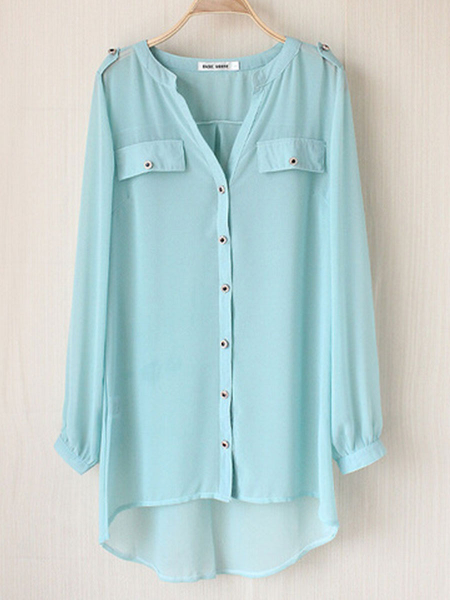 High-end Fashion Simple Double Pocket Stand Collar Loose Chiffon Long-sleeved Shirt