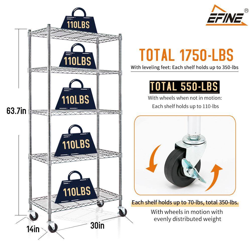 EFINE Chrome 5-Tier Rolling Heavy Duty Metal Wire Storage Shelving Unit Caster 1 in. Pole (30 in. W x 63.7 in. H x 14 in. D) RL33656