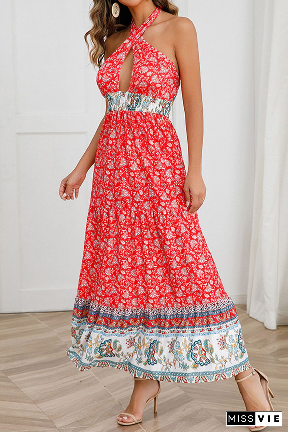 Twisted Halter Hollow Out Smocked Waist Boho Floral Maxi Dress