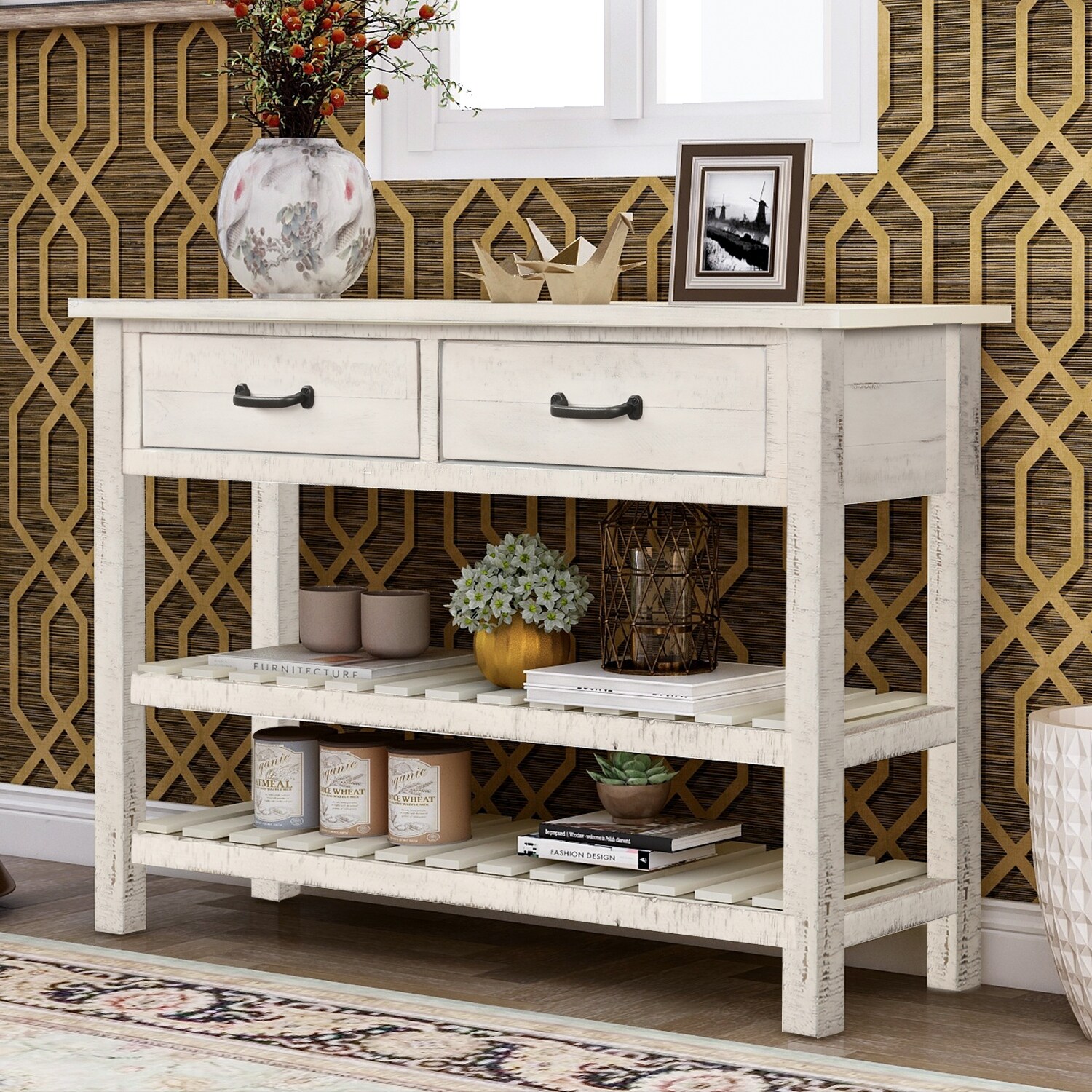 Retro Console Table Sideboard Cabinet for Entryway with 2 Drawers and 2 Slatted Bottom Shelves， Antique White