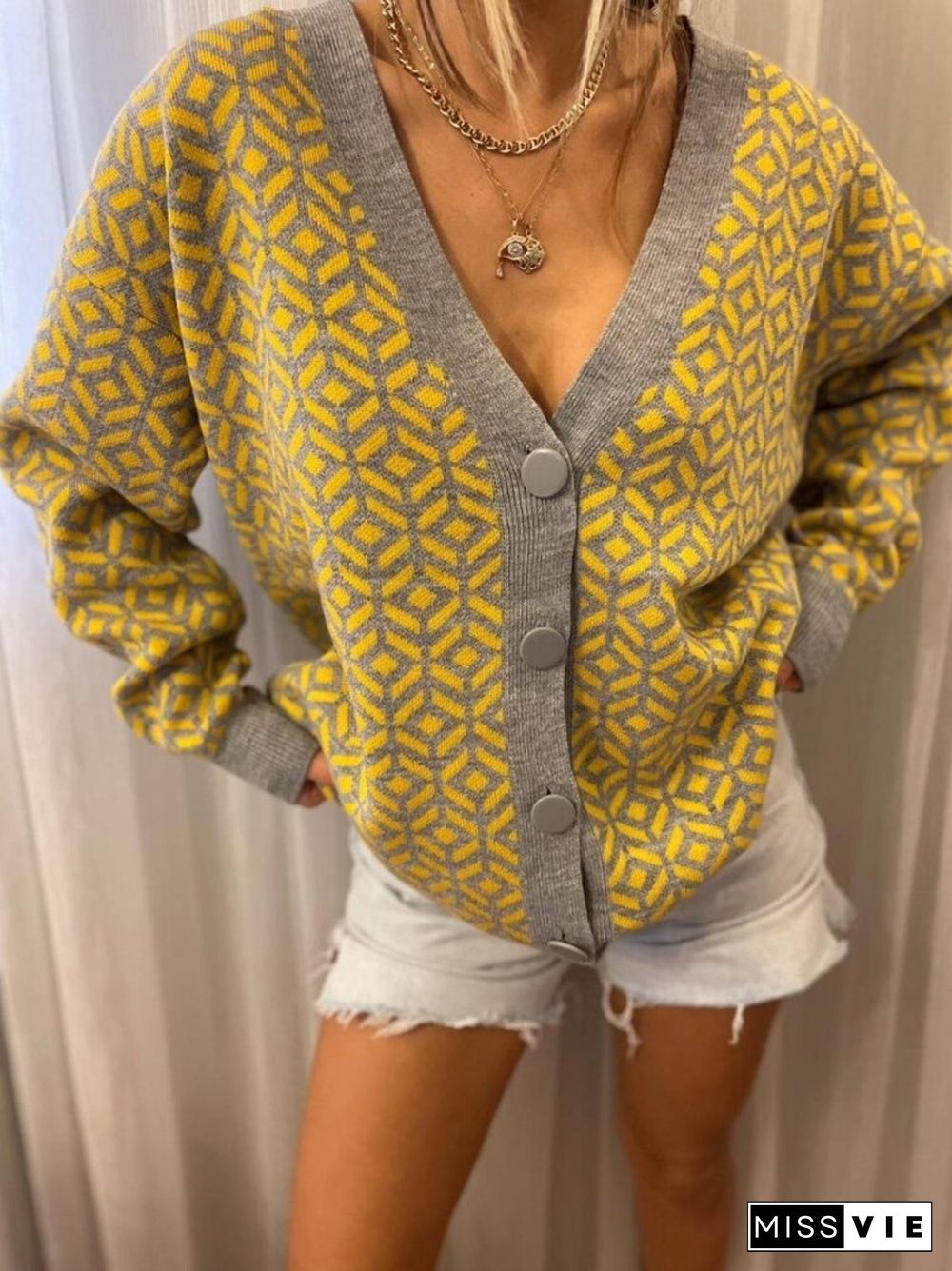 Autumn Winter New Color Contrast Knitted Cardigan Plaid V-Neck Sweater Women Office Lady Long Sleeve Top Women Cardigan