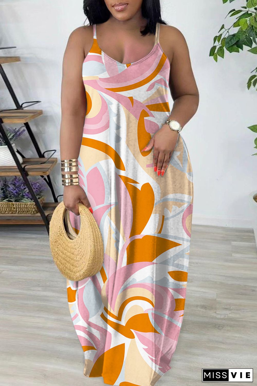 Pink Orange Sexy Casual Print Backless Spaghetti Strap Long Dress Dresses