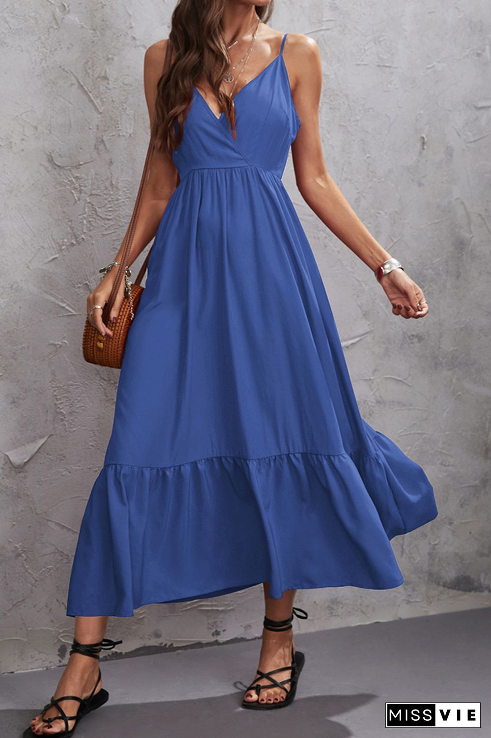 Plain Spaghetti Splicing Smocked Maxi Dress