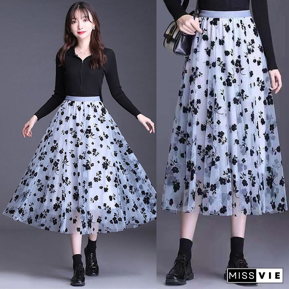 Wome Lace Long Skirt High Waist Tulle Skirts Ladies Summer Casual Loose Elegant Maxi Skirts