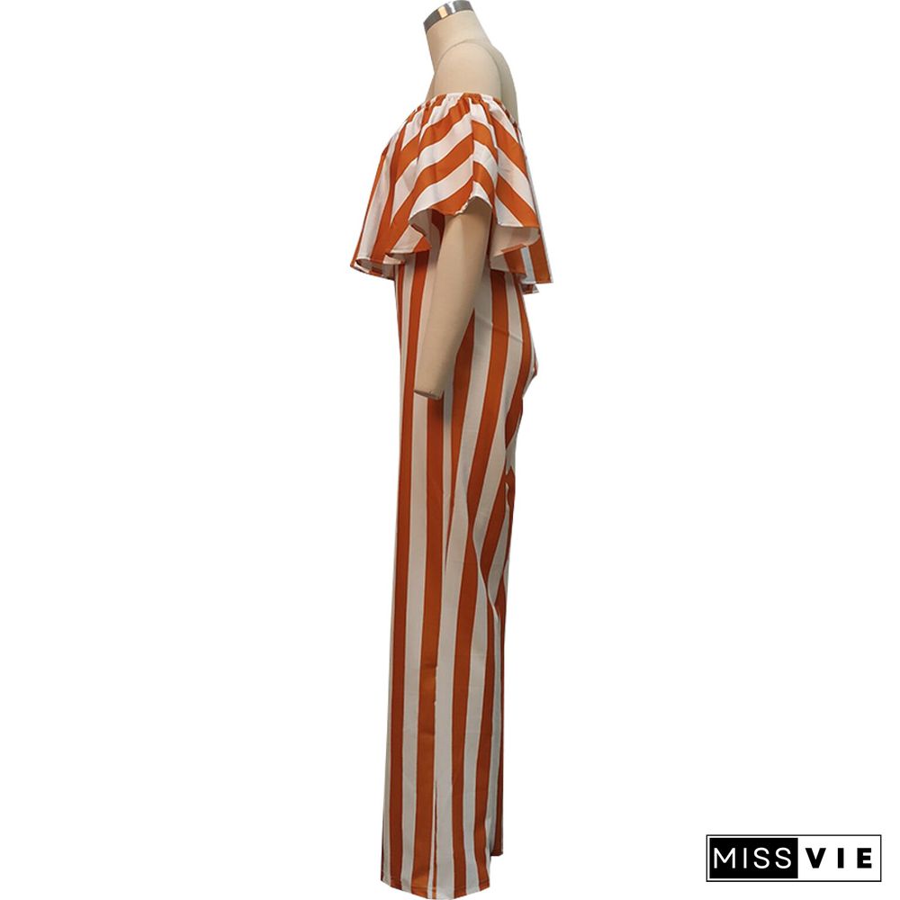 Striped Off Shoulder Wide Leg Jumpsuits