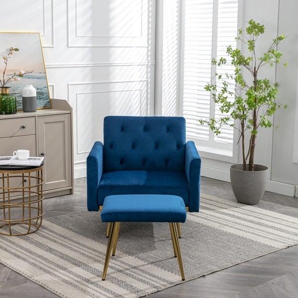 Velvet Accent Chair with Adjustable Armrests and Backrest， Button Tufted Lounge Chair， Single Recliner Armchair with Ottoman