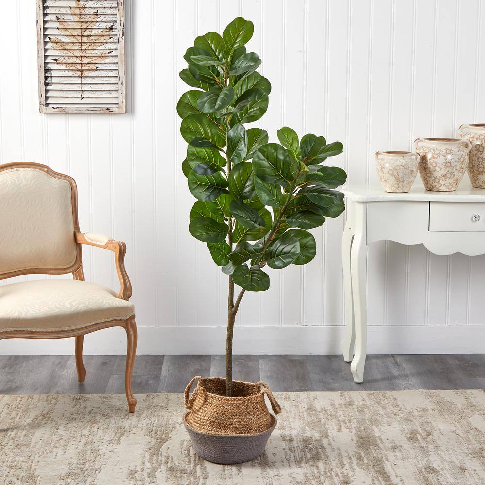 Nearly Natural 4.5 ft. Green Fiddle Leaf Fig Artificial Tree with Boho Chic Handmade Cotton and Jute White Woven Planter T2912