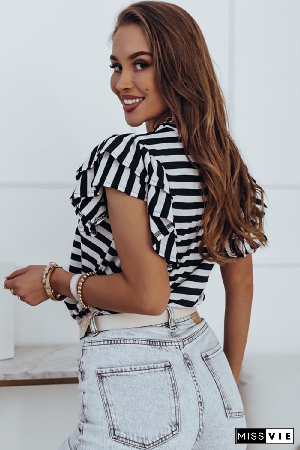 White Stripe Print Tiered Ruffled Sleeve Tee