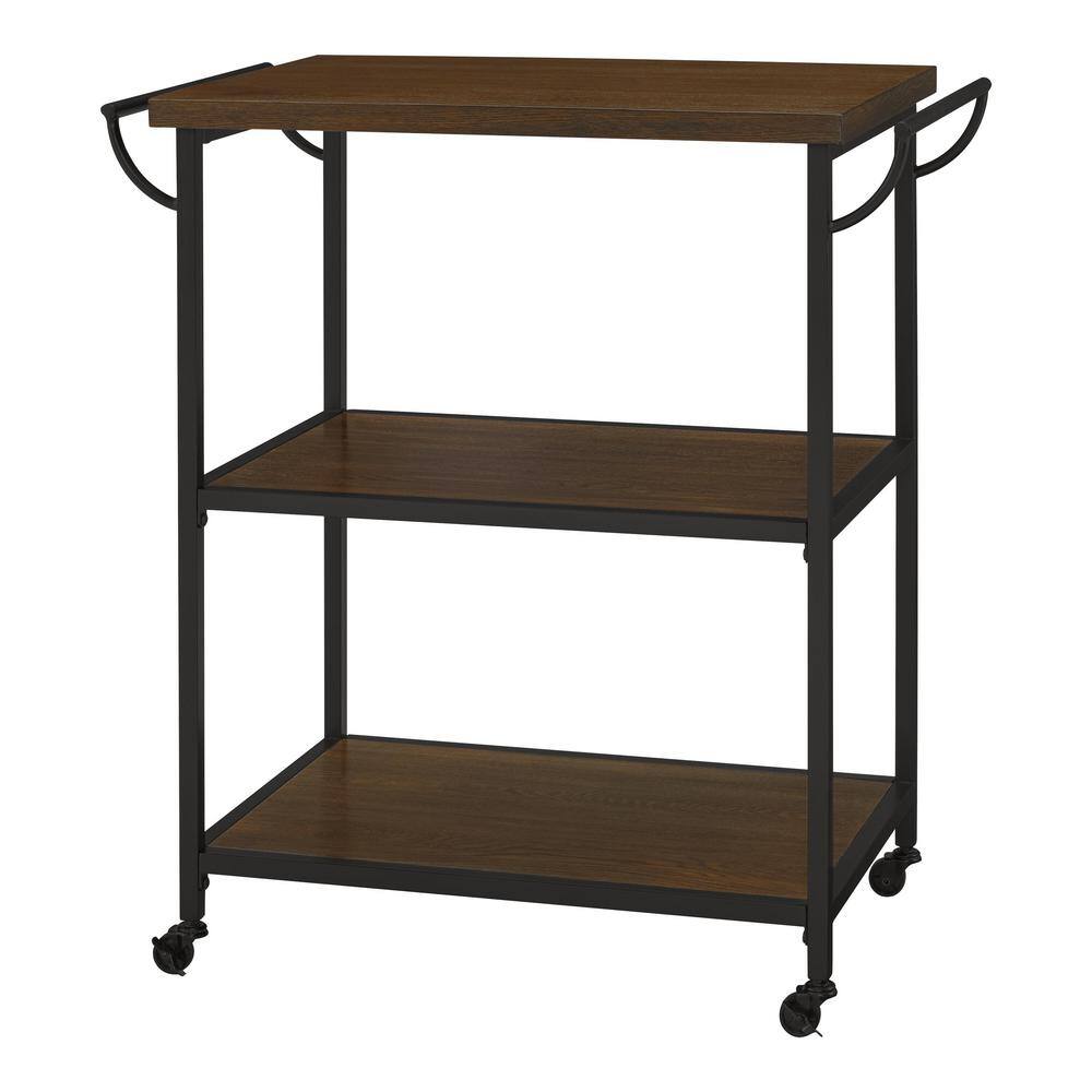 StyleWell Blake Industrial Black Metal Frame Rolling Kitchen Cart with 3 Walnut Accent Storage Shelves (32