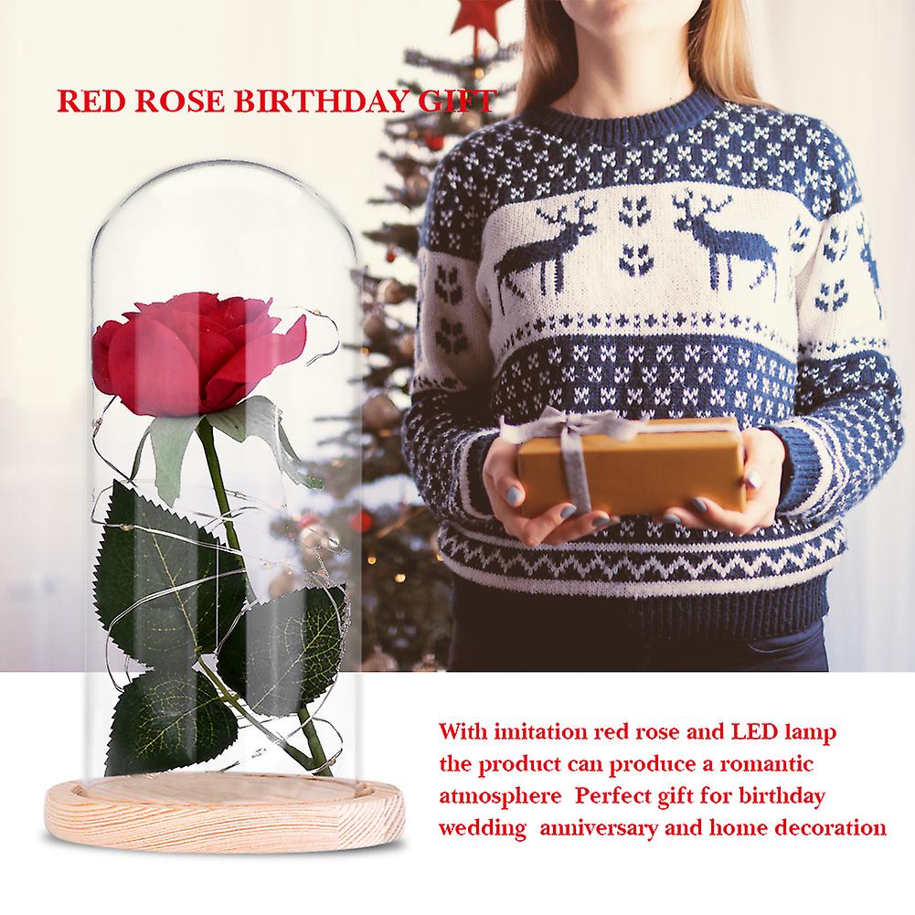 Red Rose Glass Dome LED Lamp Wooden Base for Birthday Wedding Gift (Beige Base)