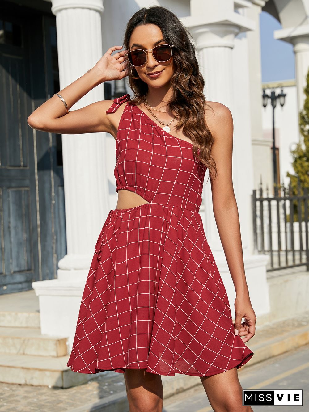 Plaid Shoulder Strap Openwork Elastic Waist Dress