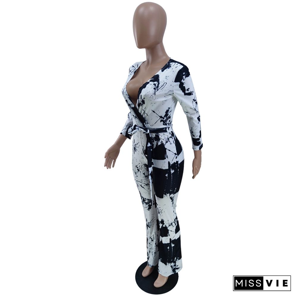 Black And White Inkjet Sputtering Element Printed Loose Jumpsuit