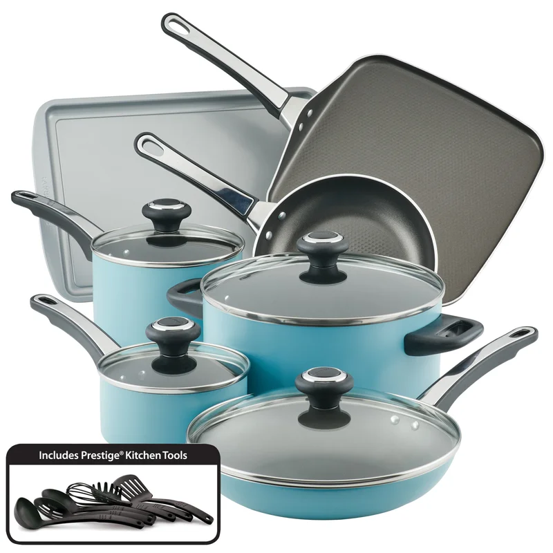 Farberware 21926 High Performance Nonstick Cookware Pots and Pans Set Dishwasher Safe， 17 Piece， Aqua