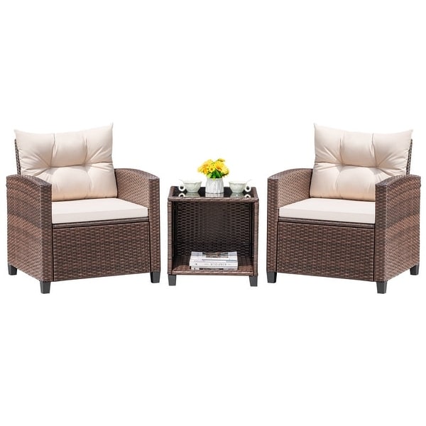 Furniwell 3 Pieces Patio Conversation Set Rattan Outdoor Furniture with Table Weatherproof